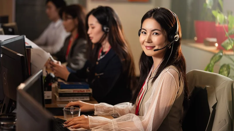 AI 고객 - 만족스러운 표정으로 AI 고객 서비스를 이용하는 고객